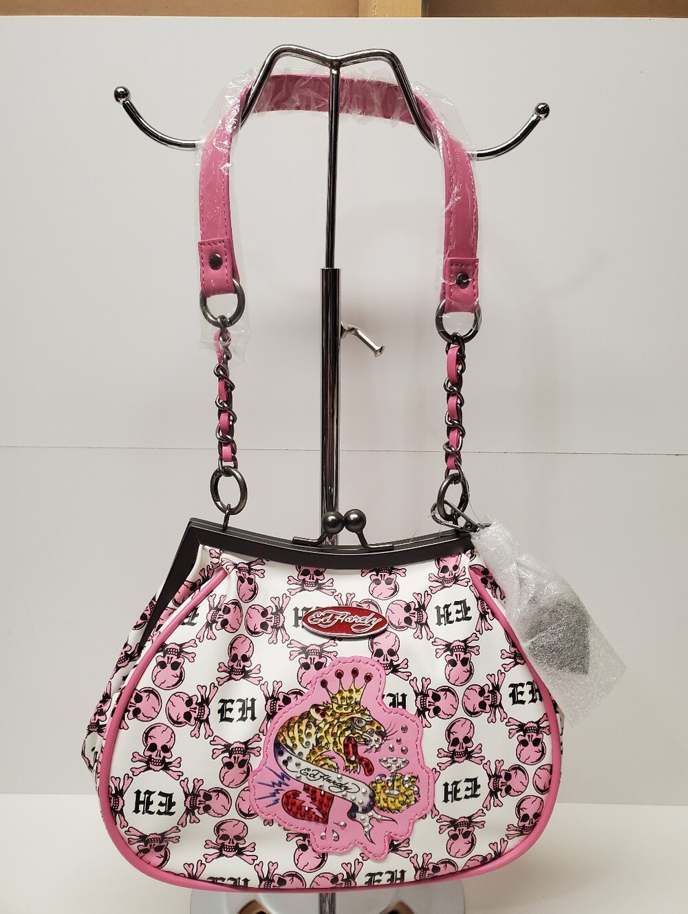 Ed Hardy Pink and White Skull Print Chain-Accent Kiss Lock Shoulder Bag